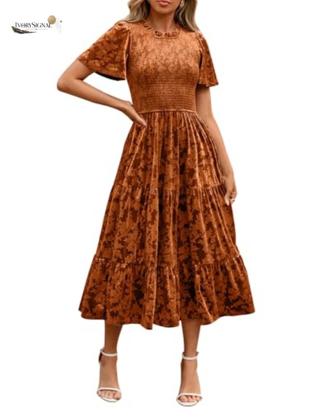 Velvet Short Sleeve Floral Smocked Empire Waist Maxi Dress